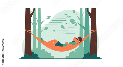 Lazy Afternoon In The Woods With A Man Resting In A Hammock On A Windy Day