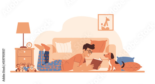Leisurely Afternoon Reading A Book With Adorable Pet Canine Companion At Comfortable Home