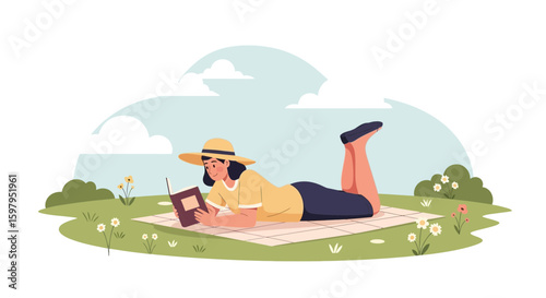 Leisurely Afternoon Reading: Woman Enjoying a Book on a Picnic Blanket
