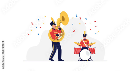 Marching Band Illustration Performing With Tuba Drum Holiday Celebration Design