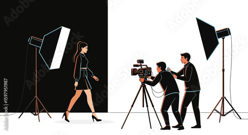 Fashion Shoot With Videographers Capturing A Stylish Model In Studio Lighting
