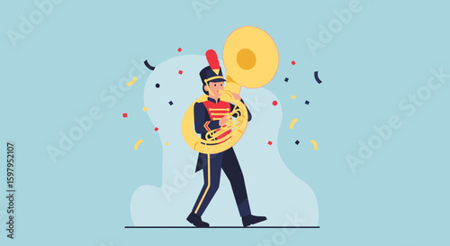 Marching Band Performer With Tuba In Celebration With Confetti