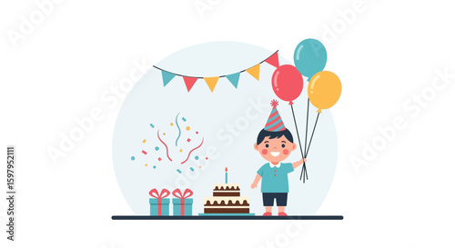 Happy Birthday Boy With Balloons And Birthday Cake Celebration Invitation