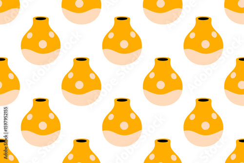 Seamless pattern of yellow ceramic vases with round dots on white background