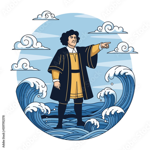 Sailor on the Ocean's Embrace: A robust sailor, set amidst roaring waves and clouds. The artwork evokes a sense of historical adventure and discovery. 