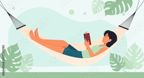 Leisurely Reading: A Woman Relaxes with a Book in a Hammock