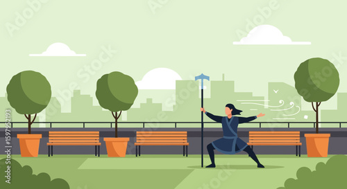 Martial Artist Practicing With Spear In Urban Green Space For Self Defense