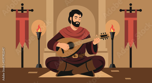 Medieval Minstrel Plays The Lute In Castle Chamber Scene Illustration
