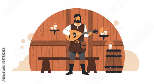 Medieval Minstrel Playing Lute In Tavern With Candles And Wooden Barrel