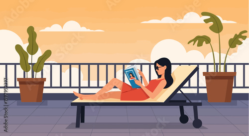 Leisurely Reading Session Young Woman Enjoying Book On Rooftop Terrace