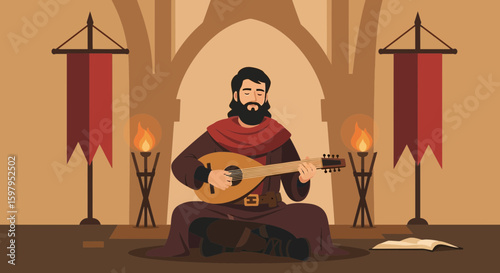 Medieval Minstrel Serenading In Castle With Lute Instrument Playing Music