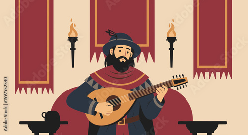 Medieval Troubadour Serenading In A Castle With Lute Music