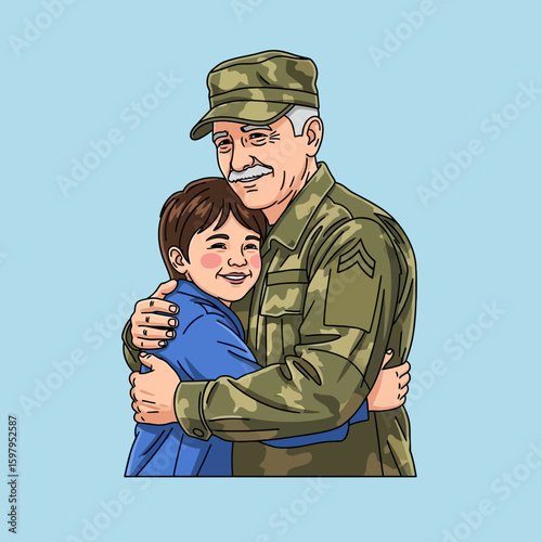 A Soldier's Embrace: An heartwarming illustration depicting a soldier embracing his young son, the soldier's weathered face a testament to service.