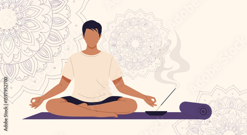 Meditating Man In Lotus Pose With Spiritual Mandala Background Design