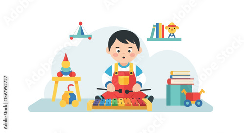 Little Musician Plays Xylophone Surrounded By Toys In A Playroom Flat Illustration