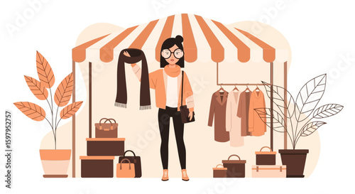 Fashionable Woman Shopping For Autumn Apparel At Seasonal Flea Market