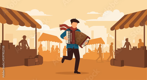 Lively Accordion Player Performing At A Bustling Outdoor Marketplace Scene