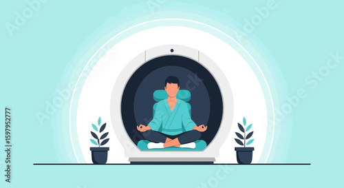 Meditative Calm Man Practicing Mindfulness Inside Therapeutic Pod And House Plants