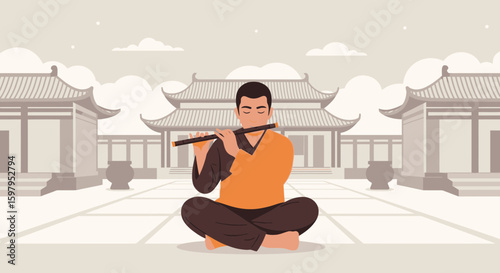 Meditative Flute Player In Traditional Asian Setting Creating Peaceful Atmosphere