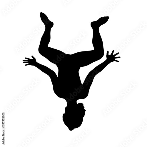 Isolated silhouette of athletic woman performing acrobatic posture on white background. Silhouette shows figure with arms outstretched and legs bent upwards in challenging pose.