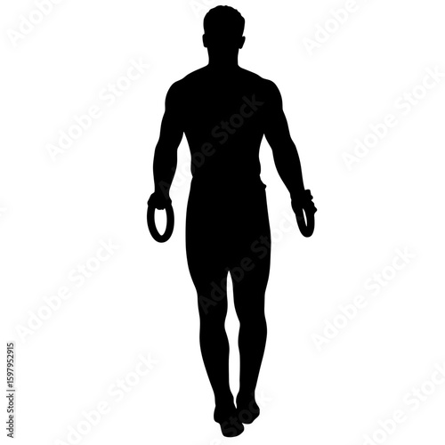 Silhouette of gymnast with rings against white backdrop, silhouette shows man performing gymnastic routine. Detailed silhouette, muscular build, and perfect form is visible in this fitness activity.