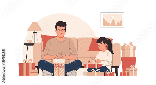 Father And Daughter Unwrapping Presents Together Celebrating Special Occasions