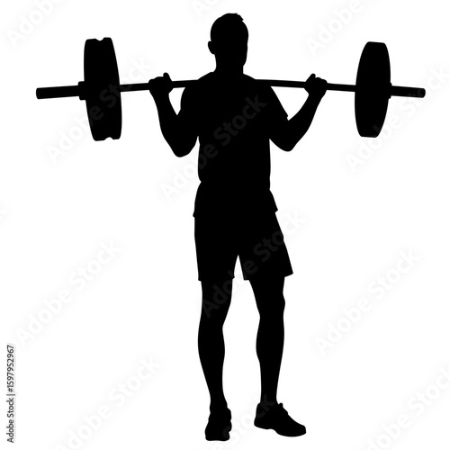 Silhouette of weightlifter doing squats with barbell on white background, strong man exercising. Silhouette depicts health and fitness, building strong body with heavy lifting.