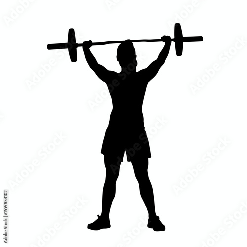 Silhouette of weightlifter lifting barbell overhead in black and white, strong man silhouette performing exercise. Silhouette pose and lifting weight, building power, athlete in action.