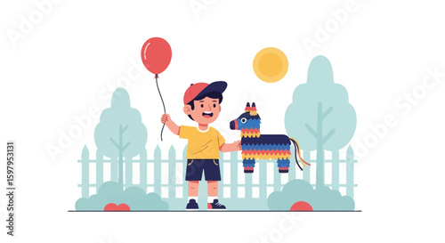Happy Child Celebrating With Colorful Pinata And Red Balloon Outdoors