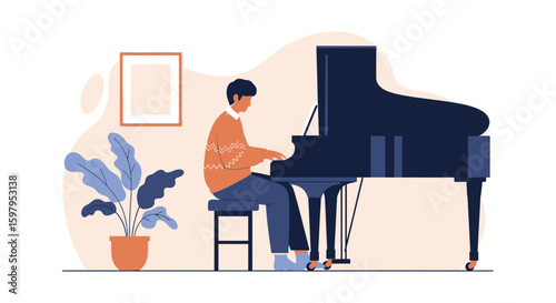 Melodic Moment Young Man Playing Piano Indoors Stylish and Minimalist Composition