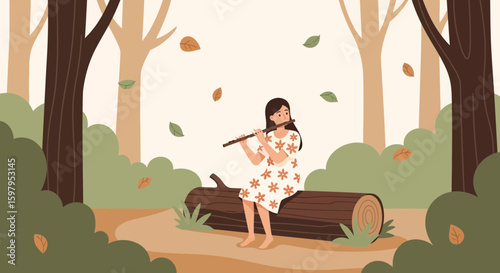Melodic Forest Scene Girl Playing Flute On Fallen Tree Trunk Artistic Illustration