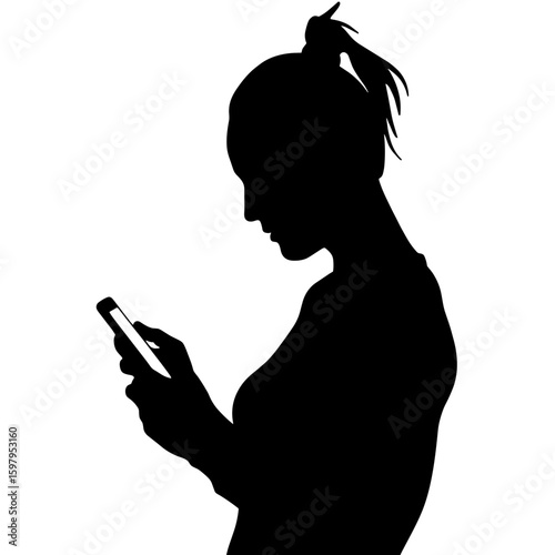 Silhouette of woman, silhouette is backlit with bright white light, showing female profile using phone. Mobile device holds attention, silhouette is created with digital technology.