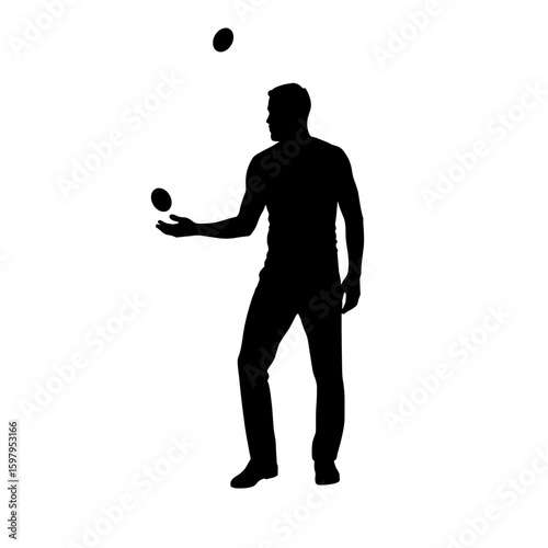 Silhouette of juggler with balls on white background. Juggling silhouette is visible with balls midair, person throwing and catching for entertainment.