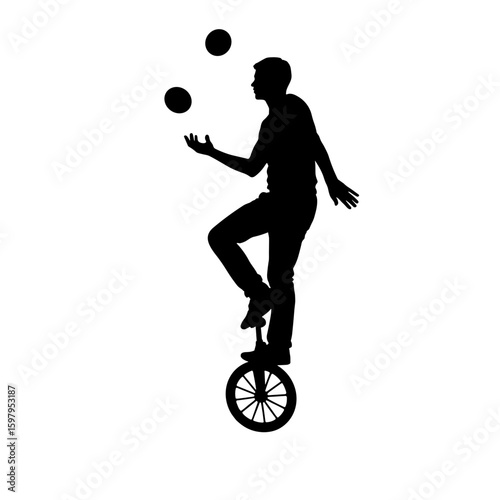 Silhouette of juggler on unicycle with three balls, showing balance and skill. Juggler silhouette demonstrates concentration, coordination and performance.