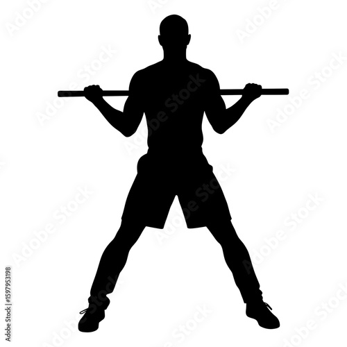Athletic silhouette of man doing squats with barbell behind his head against white backdrop. Silhouette highlights muscular build and workout posture, squat movement reveals dedication to fitness.