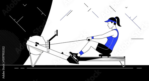 Female Athlete Training on Indoor Rowing Machine for Fitness and Cardiovascular Workout