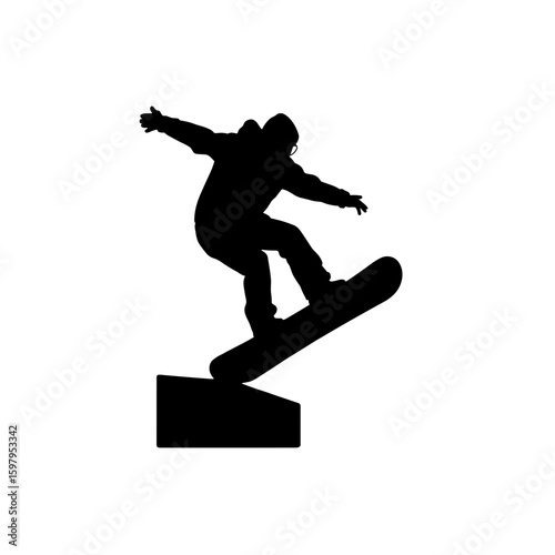 Snowboard silhouette shows athlete performing a trick on white background. Dynamic snowboard silhouette for winter sport advertising, an athletic silhouette of snowboarder is great for sports poster