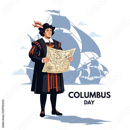 Columbus Day illustration featuring Christopher Columbus holding a map with ships in the background.