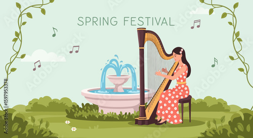 Melodic Serenity A Woman Playing Harp Near Fountain In Lush Garden