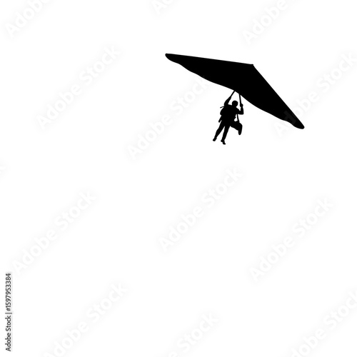 Isolated hang glider silhouette on pure white background. Silhouette features solo hang glider pilot soaring through air, simple shape highlighting freedom and flight, with open sky.
