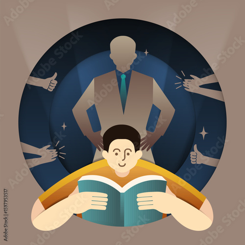 A person reading a book and envisioning success with a leader's silhouette.