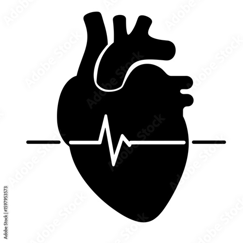 Heartbeat silhouette shows human heart with ecg line. Heartbeat silhouette is vital sign, indicating health status, with graphic representation of cardiovascular activity.