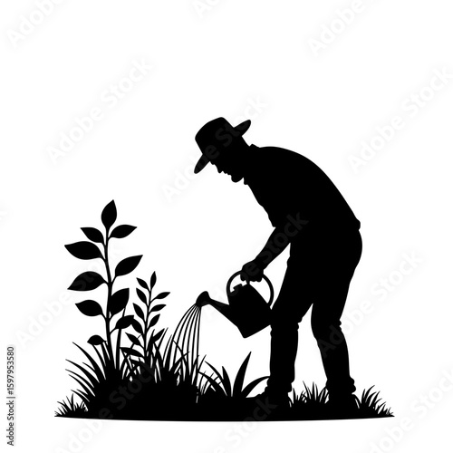 Silhouette of gardener watering plants, silhouette of man taking care of garden with watering can. Silhouette shows person tending to garden, nurturing new growth and ensuring plant health.