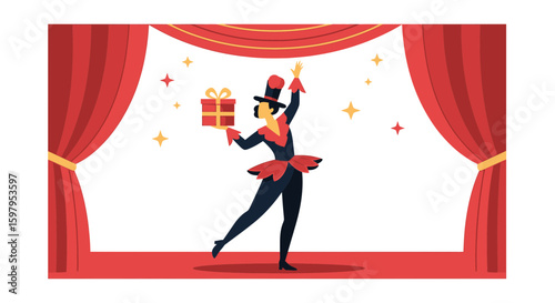 Magician Performs A Gift Revealing Trick On Stage Under The Spotlights
