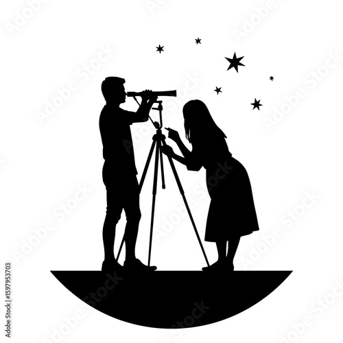 Silhouette design features couple looking at stars through telescope, romantic gesture. Silhouette in black and white showcases man and woman stargazing.