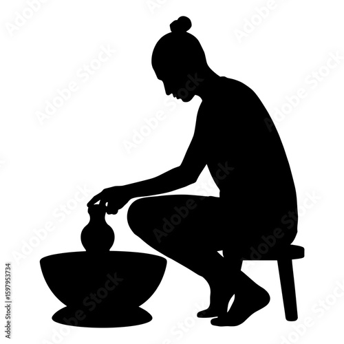 Silhouette of woman working with clay on pottery wheel on stool, black silhouette. Silhouette artist shapes clay into beautiful art. Silhouette in arts and crafts, great for pottery studio branding.