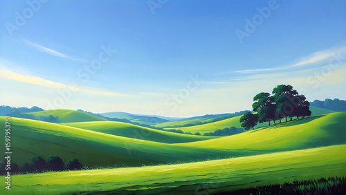 Rolling Green Hills Under a Sunny Sky with Scattered Trees and Distant Mountains Scenic Landscape