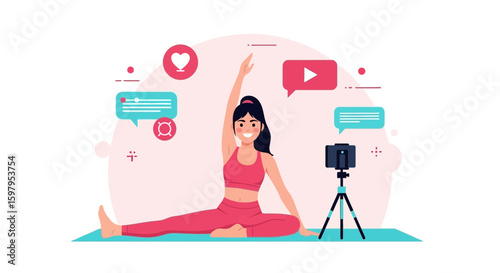 Female Fitness Blogger Doing Stretching Exercises For Her Online Channel