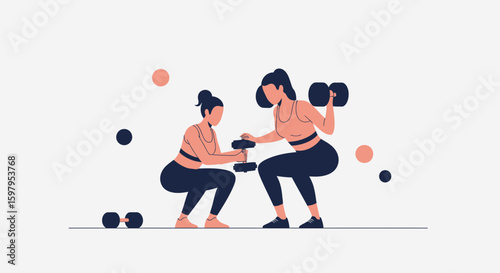 Female Friends Training With Dumbbells Doing Squats In A Gym Environment