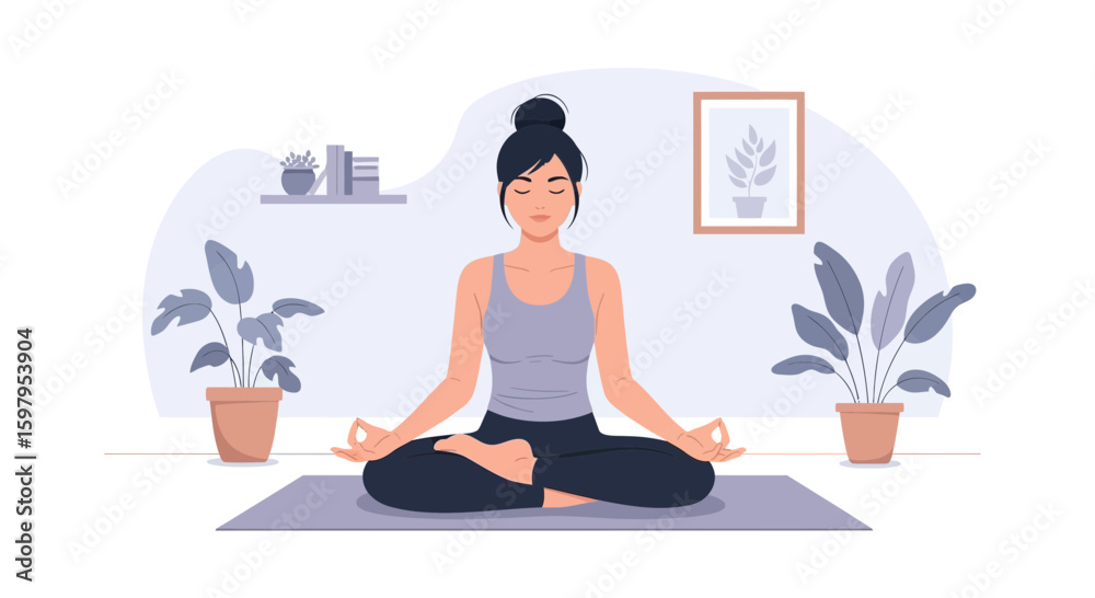 Obraz premium Mindful Meditation Woman Practicing Yoga In Lotus Position At Home Interior